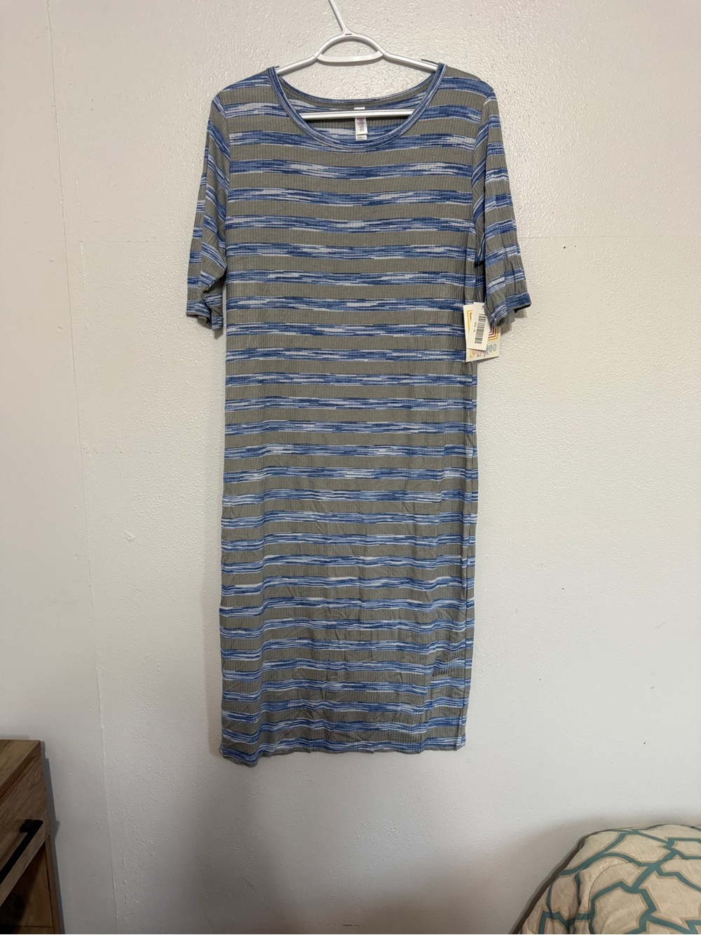 NWT LuLaRoe Julia Blue Grey Space Dye Stripe Dress XL 💙